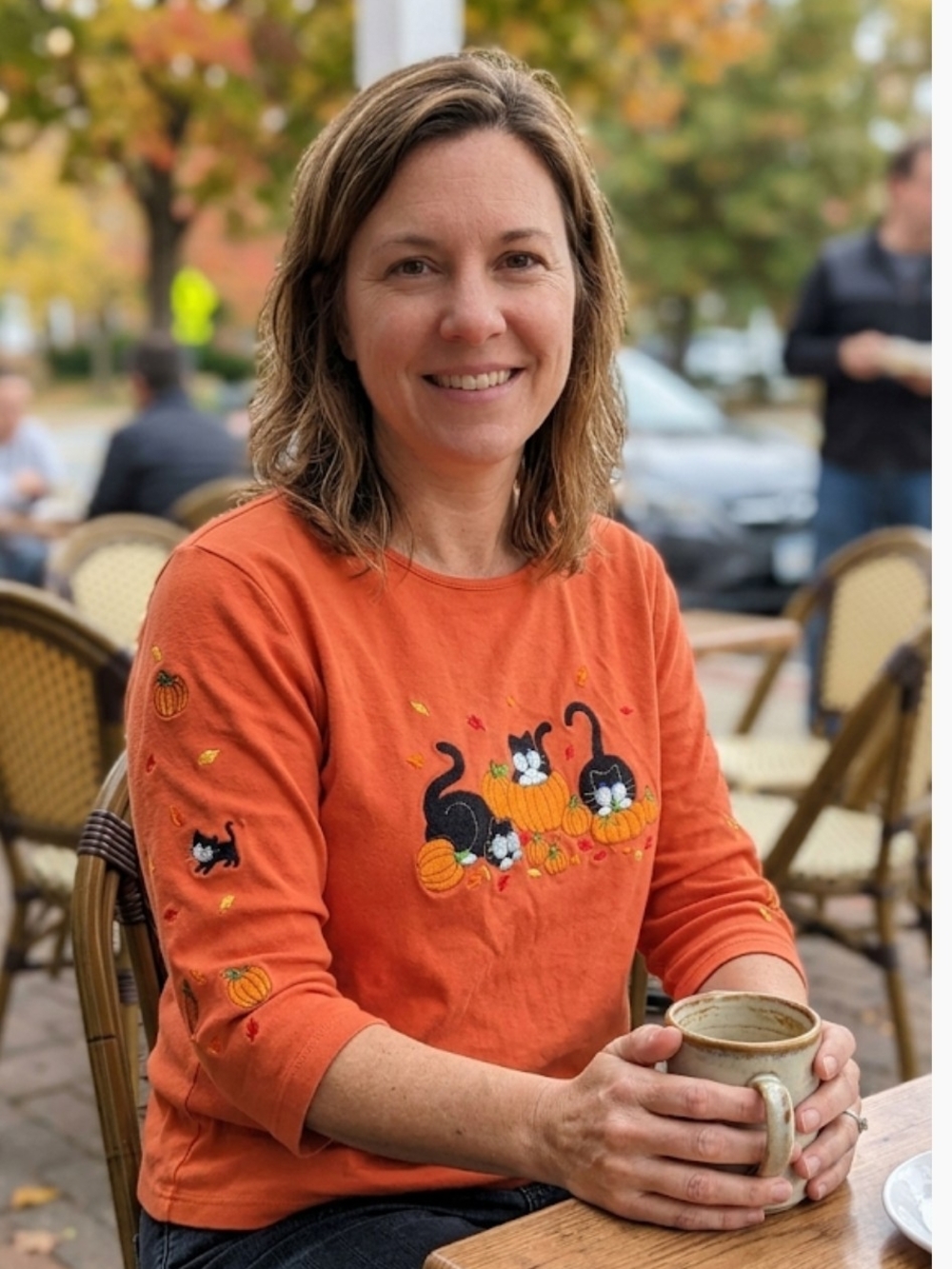 Allyson Whitmore Orange Pumpkin & Black Cat Embroidered Tee